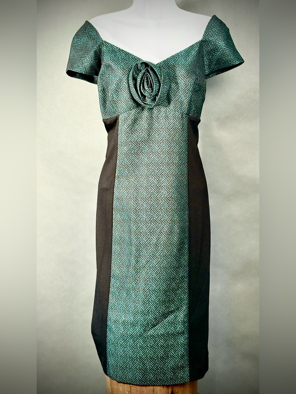NWT NUE by Shani Metallic Teal Black Cocktail Dress US 12 | Body Architecture